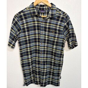 Patagonia Mens Medium Organic Cotton Plaid Short Sleeve Button Down Shirt Navy